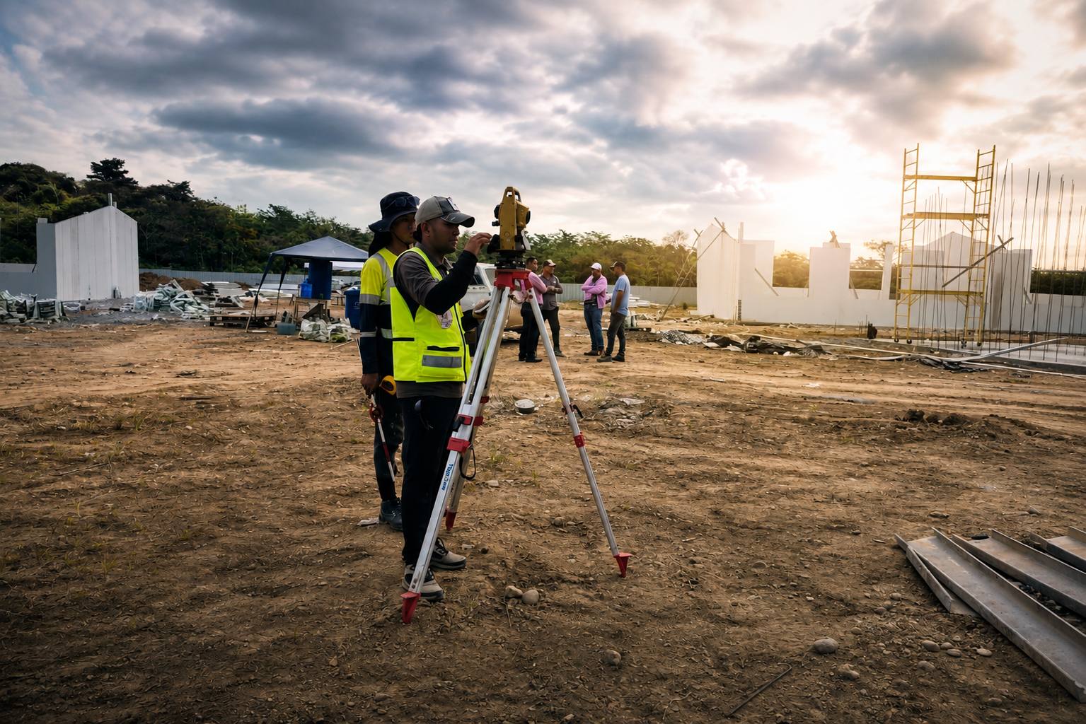 Topógrafo operando una estación total en obra al atardecer